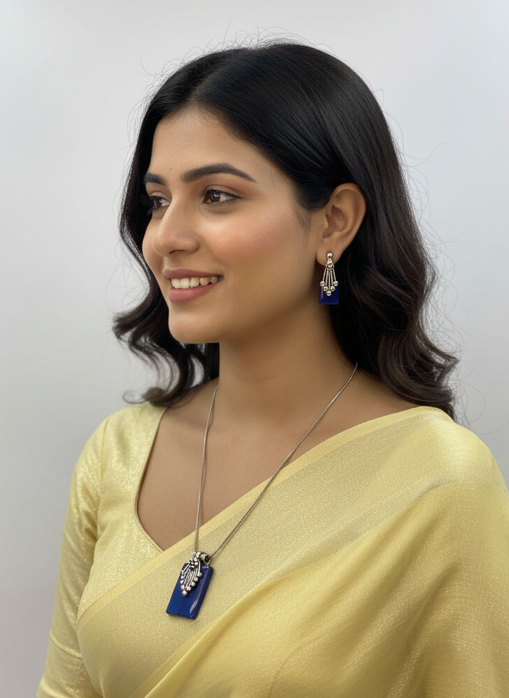 Silver Oxidized Ethnic Chain Necklace Set in geometric pattern Blue Opal for Women - Everyday Wear