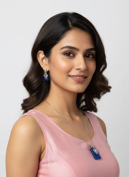 Silver Oxidized Ethnic Chain Necklace Set in geometric pattern Blue Opal for Women - Everyday Wear
