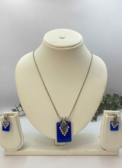 Silver Oxidized Ethnic Chain Necklace Set in geometric pattern Blue Opal for Women - Everyday Wear