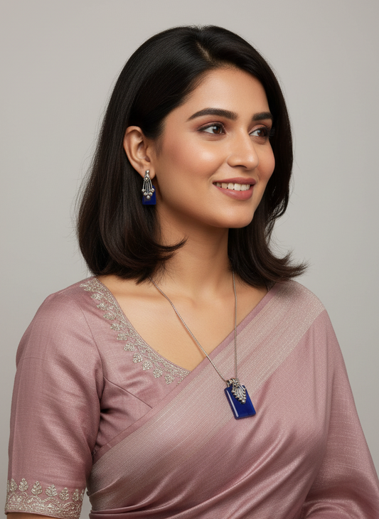 Silver Oxidized Ethnic Chain Necklace Set in geometric pattern Blue Opal for Women - Everyday Wear
