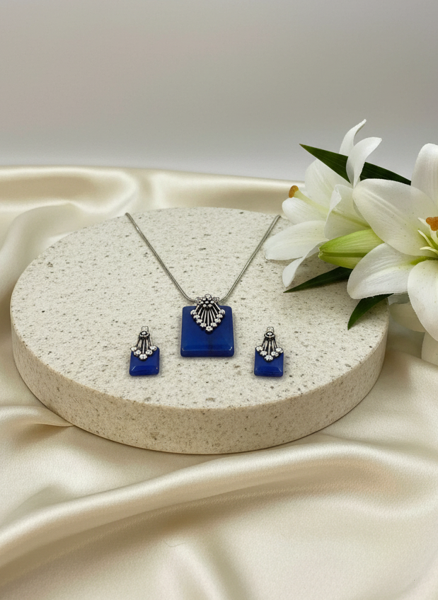 Silver Oxidized Ethnic Chain Necklace Set in geometric pattern Blue Opal for Women - Everyday Wear