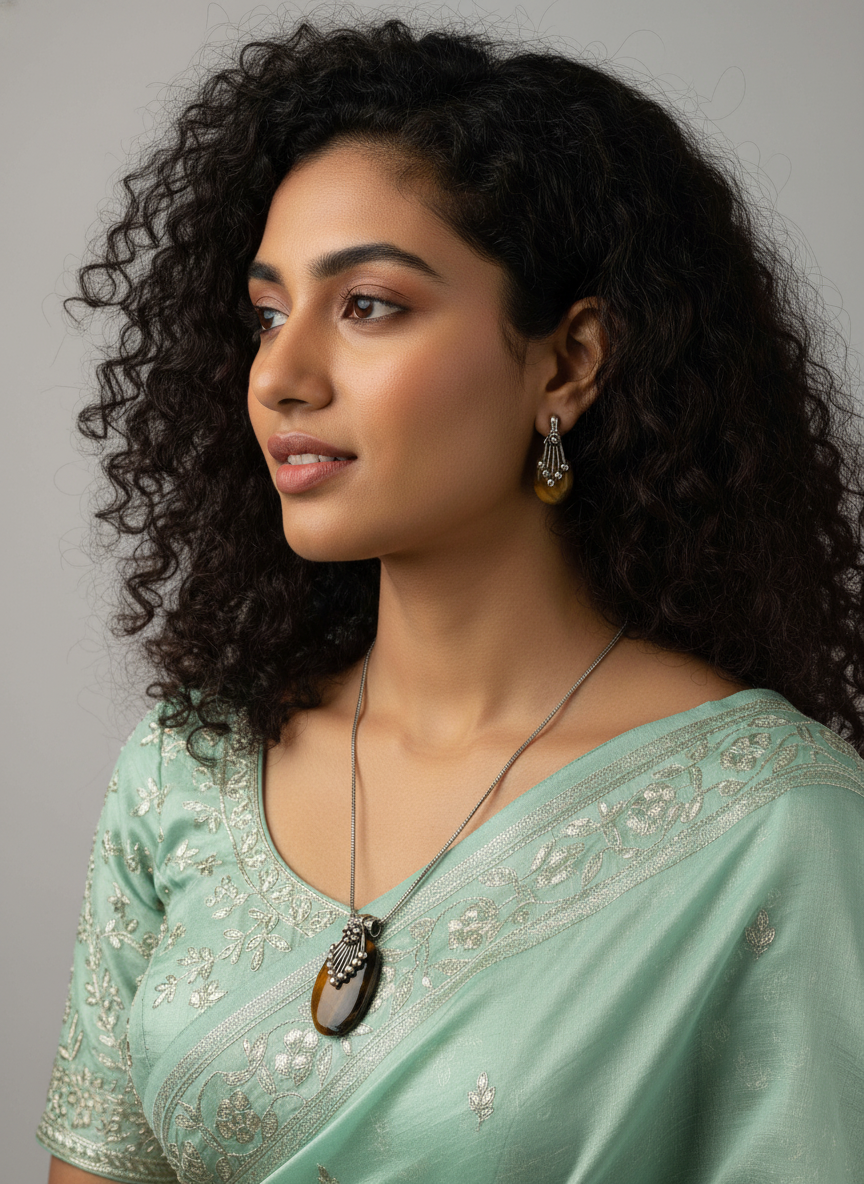 Silver Oxidized Ethnic Chain Necklace set in Oval Pattern Tiger Eye for Women - Everyday Wear