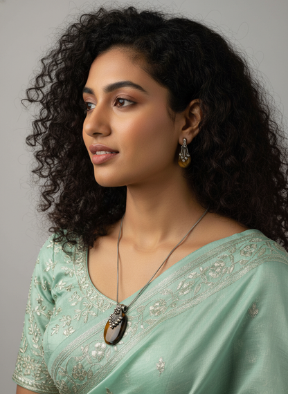 Silver Oxidized Ethnic Chain Necklace set in Oval Pattern Tiger Eye for Women - Everyday Wear