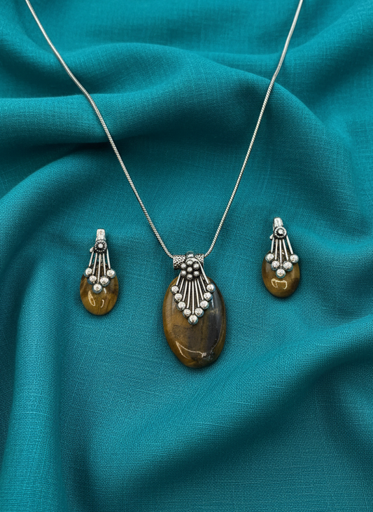 Silver Oxidized Ethnic Chain Necklace set in Oval Pattern Tiger Eye for Women - Everyday Wear
