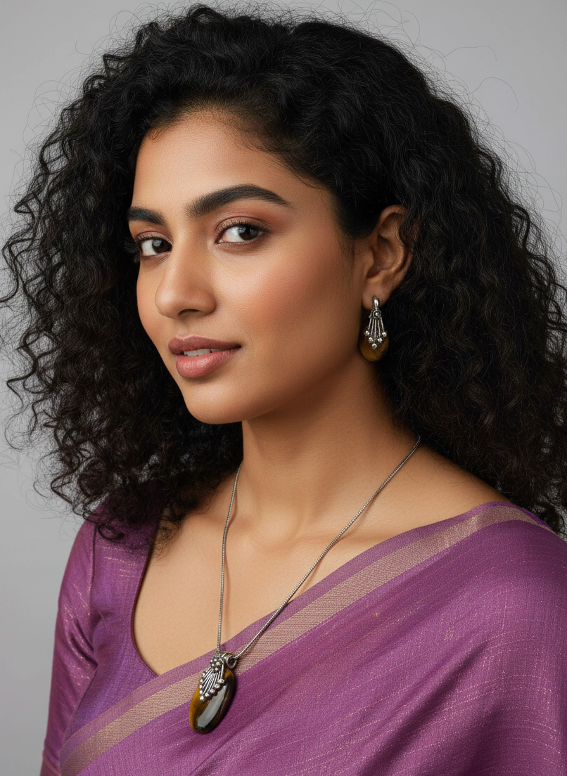 Silver Oxidized Ethnic Chain Necklace set in Oval Pattern Tiger Eye for Women - Everyday Wear