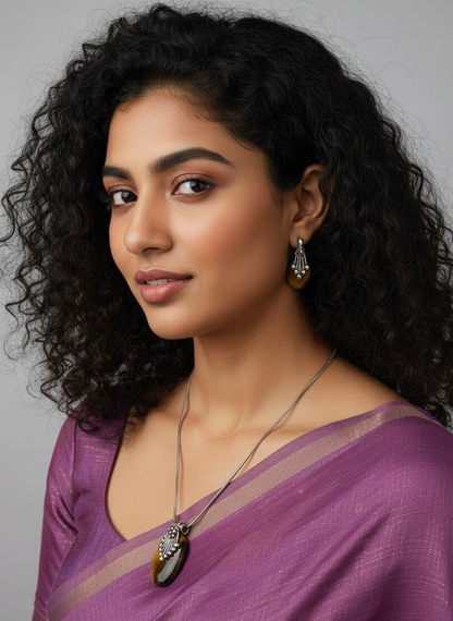 Silver Oxidized Ethnic Chain Necklace set in Oval Pattern Tiger Eye for Women - Everyday Wear