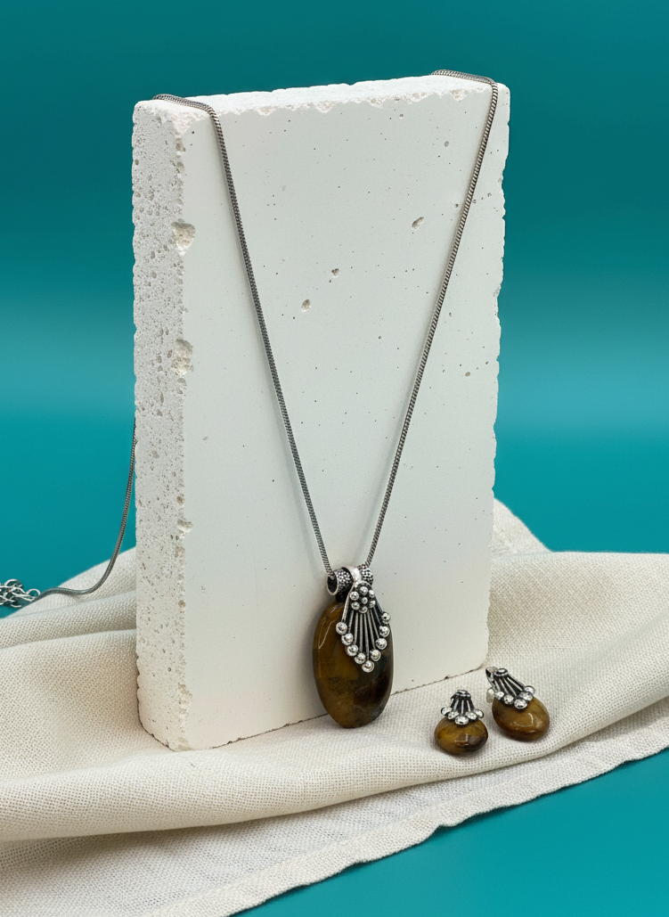 Silver Oxidized Ethnic Chain Necklace set in Oval Pattern Tiger Eye for Women - Everyday Wear