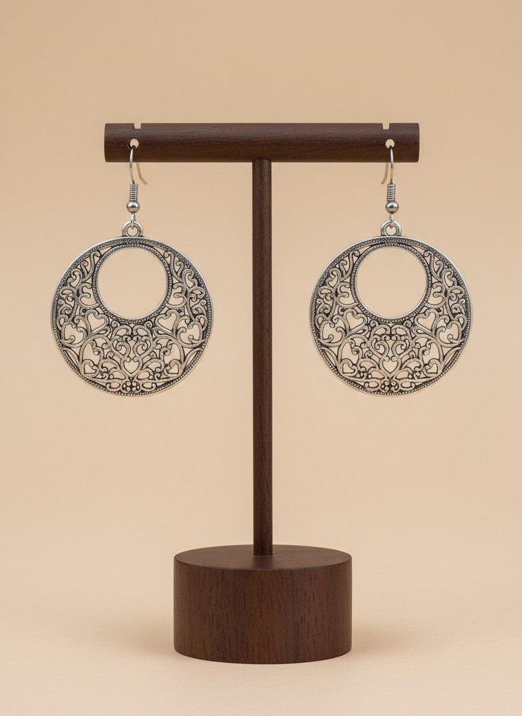 Silver Oxidized Filigree Circle Drop Hook Earrings for Women - All Occasions