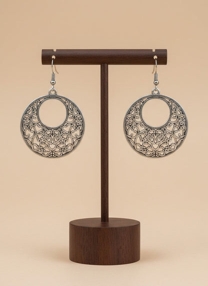 Silver Oxidized Filigree Circle Drop Hook Earrings for Women - All Occasions