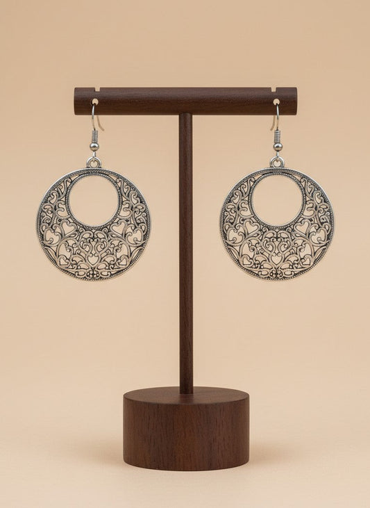 Silver Oxidized Filigree Circle Drop Hook Earrings for Women - All Occasions