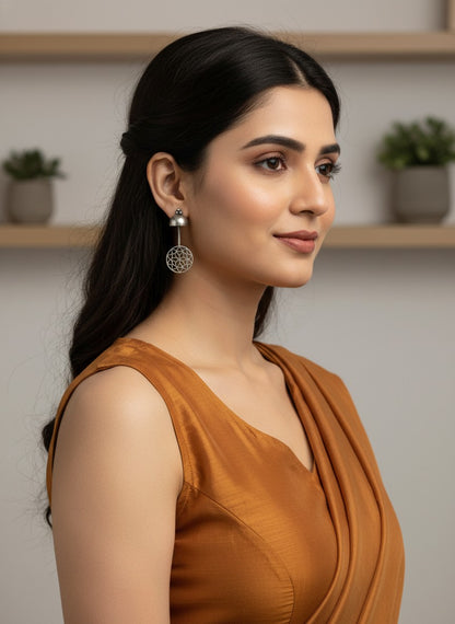 Silver Oxidized Filigree Disc Drop Earrings for Women - All Occasions wear