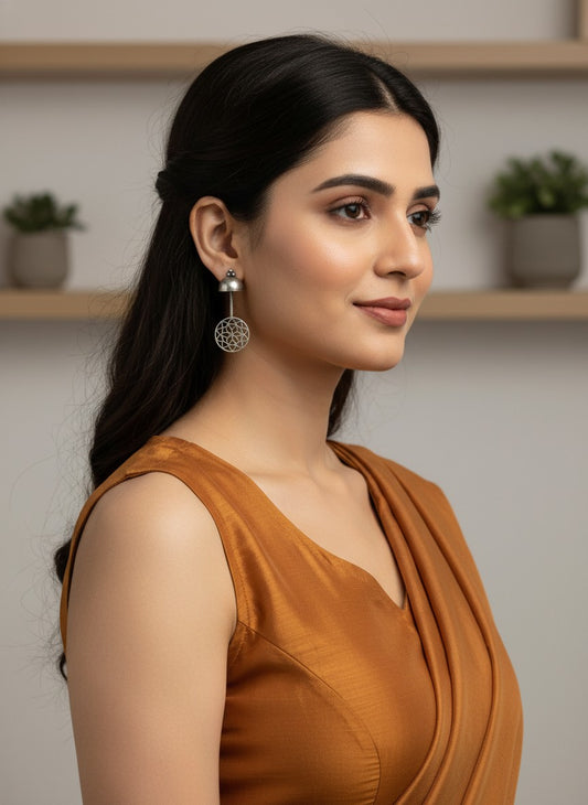 Silver Oxidized Filigree Disc Drop Earrings for Women - All Occasions wear