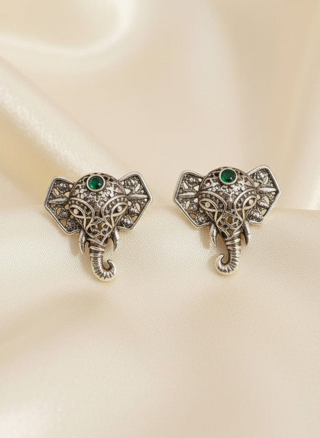 Silver Oxidized Filigree Elephant Stud Earrings with Green Stone Accent for Women - Everyday Wear 