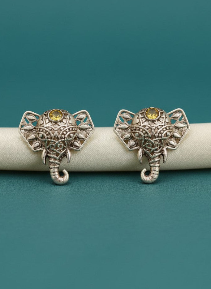 Silver Oxidized Filigree Elephant Stud Earrings with Yellow Stone Accent for Women - Everyday Wear 