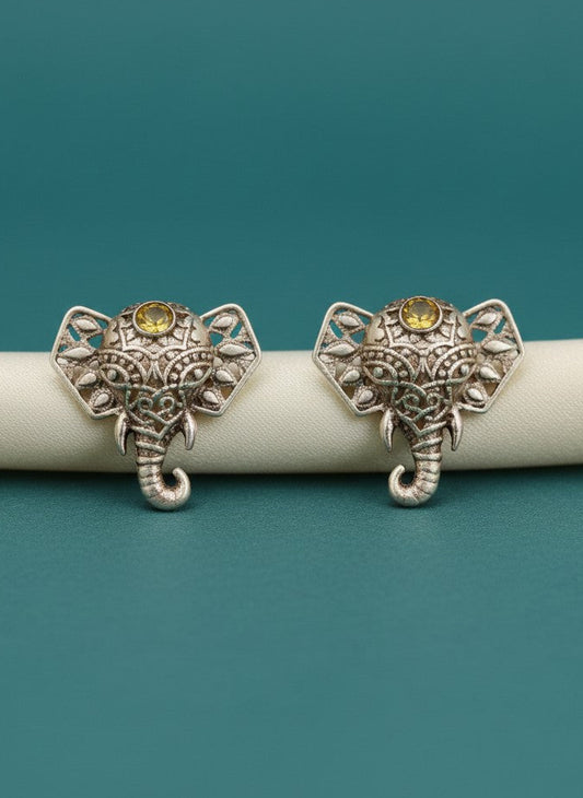 Silver Oxidized Filigree Elephant Stud Earrings with Yellow Stone Accent for Women - Everyday Wear 