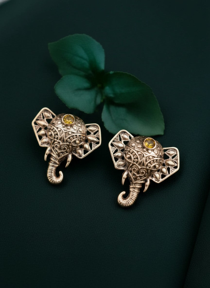 Silver Oxidized Filigree Elephant Stud Earrings with Yellow Stone Accent for Women - Everyday Wear 