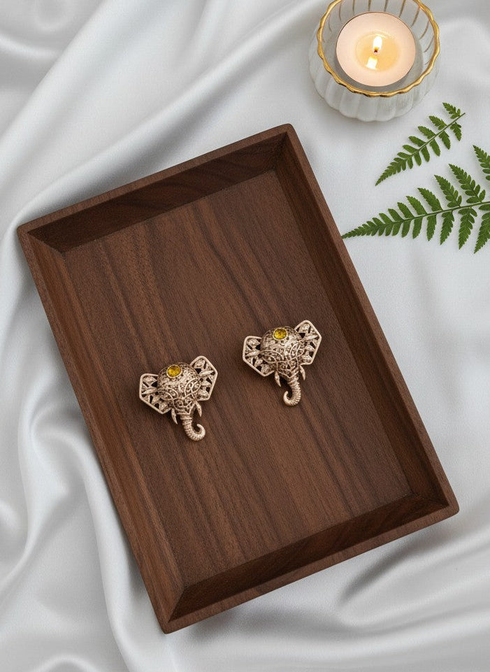 Silver Oxidized Filigree Elephant Stud Earrings with Yellow Stone Accent for Women - Everyday Wear 