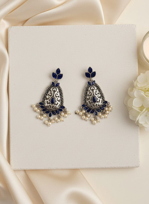 Silver Oxidized Filigree Teardrop Earrings with Blue Stones & Pearl Drops for Women - Festive Wear