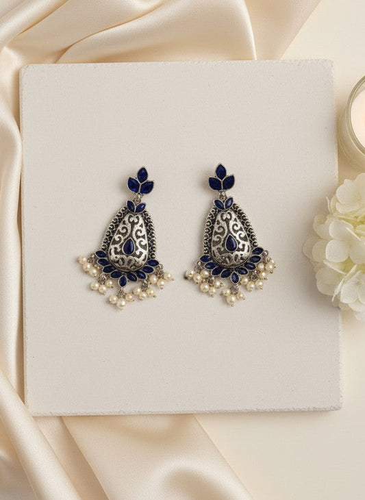 Silver Oxidized Filigree Teardrop Earrings with Blue Stones & Pearl Drops for Women - Festive Wear