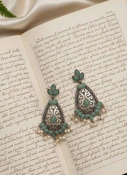 Silver Oxidized Filigree Teardrop Earrings with Mint Stones & Pearl Drops for Women - Festive Wear
