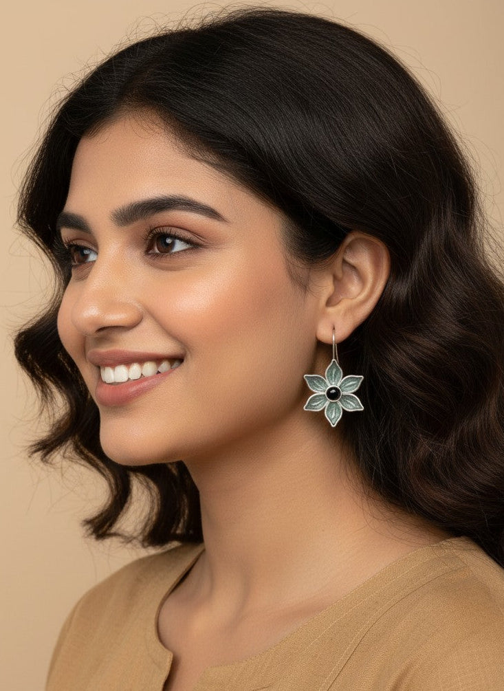 Model wearing Silver Oxidized Floral Black Stone Hook Earrings for Women - Everyday Wear 