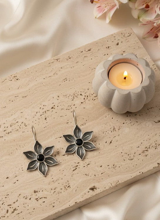 Silver Oxidized Floral Black Stone Hook Earrings for Women - Everyday Wear 