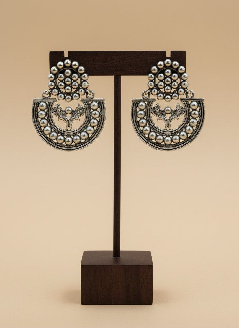 Silver Oxidized Floral Chandbali Earrings with Silver Beads detailing for Women - Special Occasions
