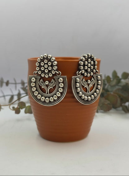 Silver Oxidized Floral Chandbali Earrings with Silver Beads detailing for Women - Special Occasions