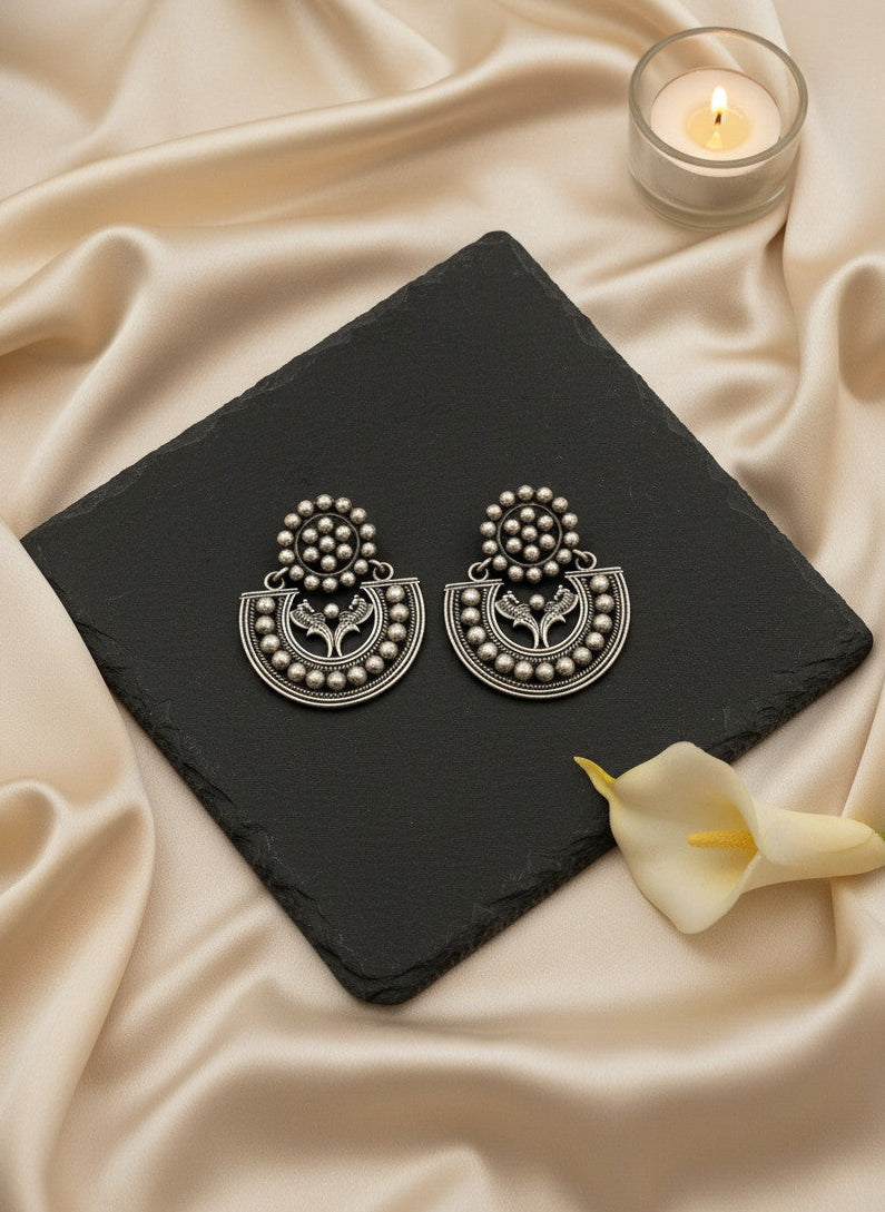 Silver Oxidized Floral Chandbali Earrings with Silver Beads detailing for Women - Special Occasions