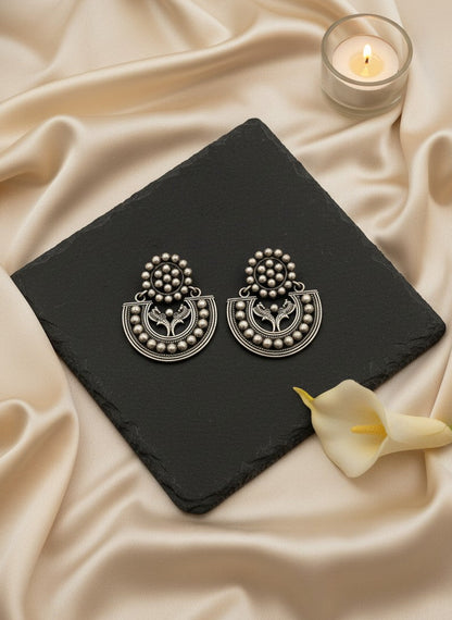 Silver Oxidized Floral Chandbali Earrings with Silver Beads detailing for Women - Special Occasions