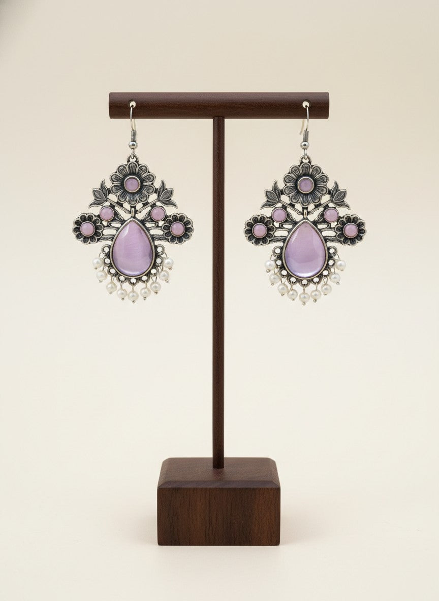 Silver Oxidized Floral Drop Earrings with Baby Pink Monalisa Stones & Pearl Cluster Detailing for Women - Office & Casual Wear 