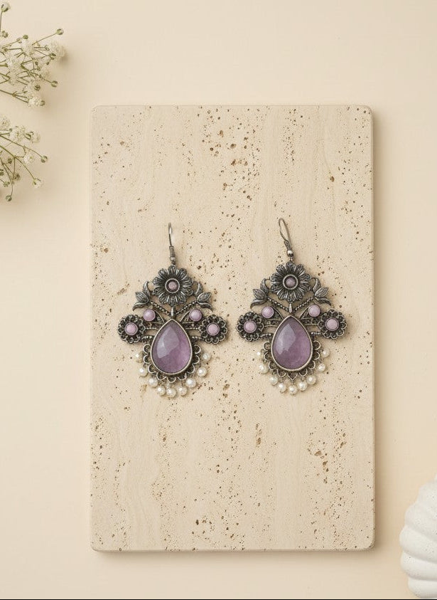 Silver Oxidized Floral Drop Earrings with Baby Pink Monalisa Stones & Pearl Cluster Detailing for Women - Office & Casual Wear 