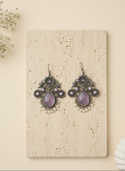 Silver Oxidized Floral Drop Earrings with Baby Pink Monalisa Stones & Pearl Cluster Detailing for Women - Office & Casual Wear 