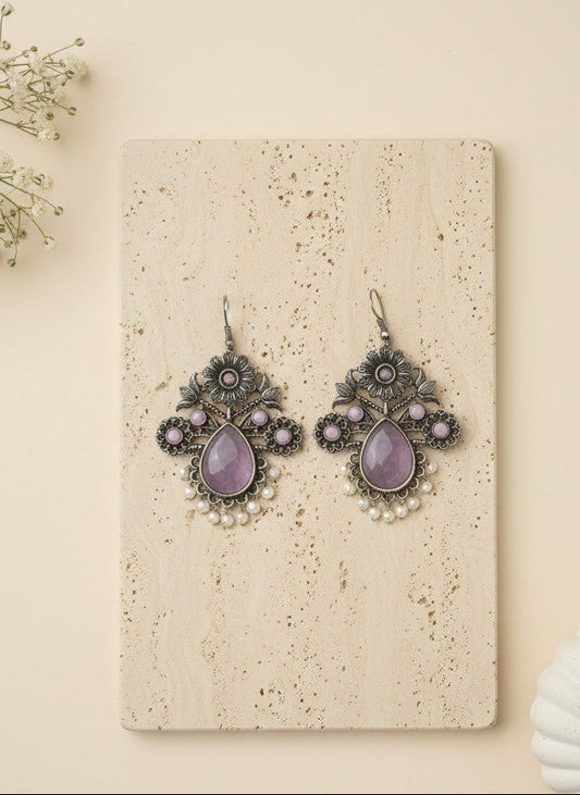 Silver Oxidized Floral Drop Earrings with Baby Pink Monalisa Stones & Pearl Cluster Detailing for Women - Office & Casual Wear 