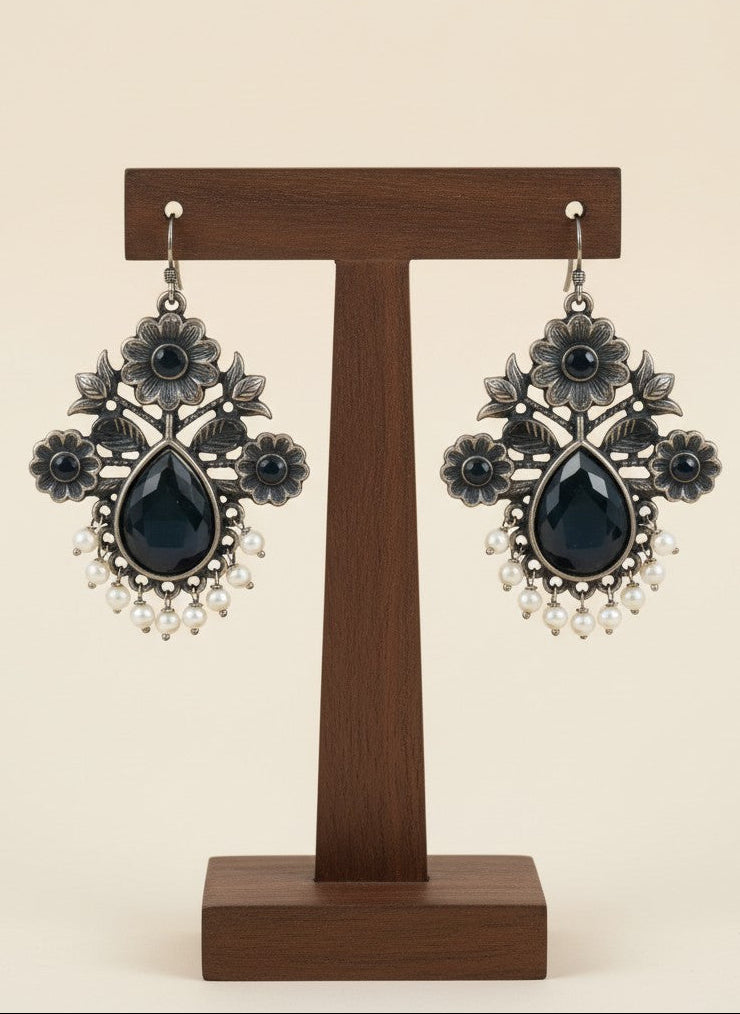 Silver Oxidized Floral Drop Earrings with Black Monalisa Stones & Pearl Cluster Detailing for Women - Office & Casual Wear