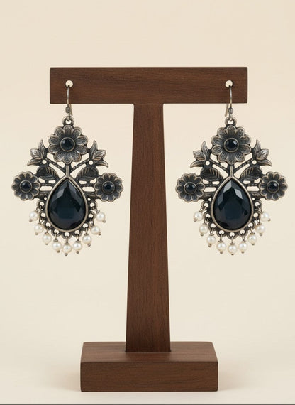 Silver Oxidized Floral Drop Earrings with Black Monalisa Stones & Pearl Cluster Detailing for Women - Office & Casual Wear