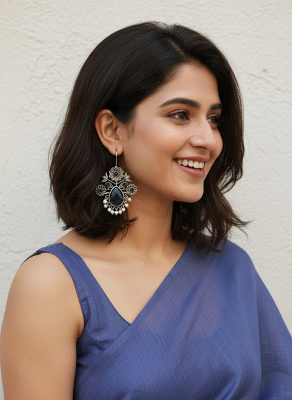 Silver Oxidized Floral Drop Earrings with Black Monalisa Stones & Pearl Cluster Detailing for Women - Office & Casual Wear
