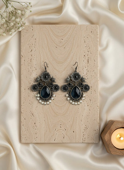 Silver Oxidized Floral Drop Earrings with Black Monalisa Stones & Pearl Cluster Detailing for Women - Office & Casual Wear