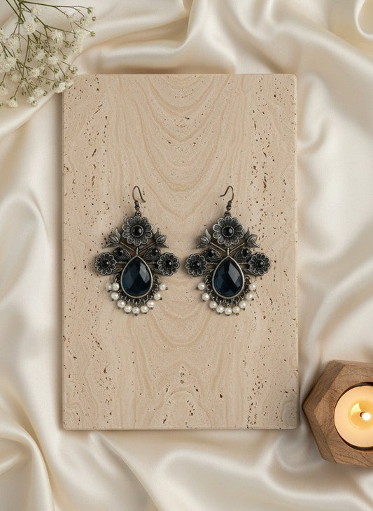 Silver Oxidized Floral Drop Earrings with Black Monalisa Stones & Pearl Cluster Detailing for Women - Office & Casual Wear