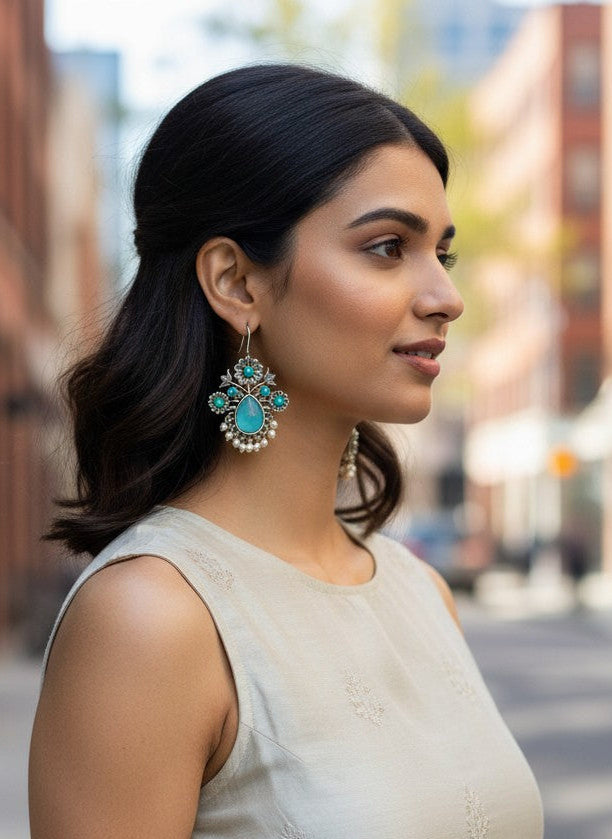 Silver Oxidized Floral Drop Earrings with Mint Stones & Pearl Cluster Detailing for Women - Office & Casual Wear 