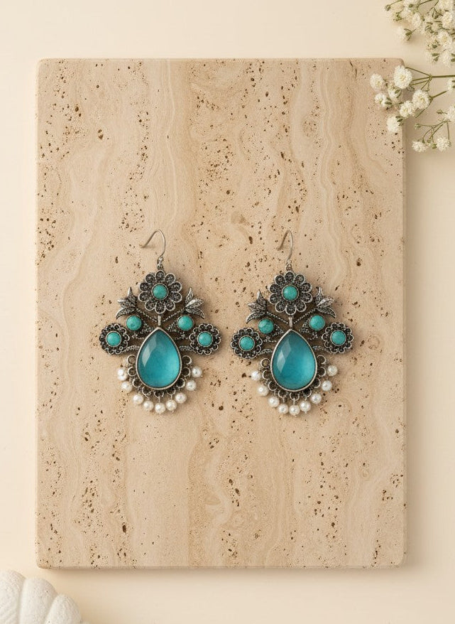 Silver Oxidized Floral Drop Earrings with Mint Stones & Pearl Cluster Detailing for Women - Office & Casual Wear 