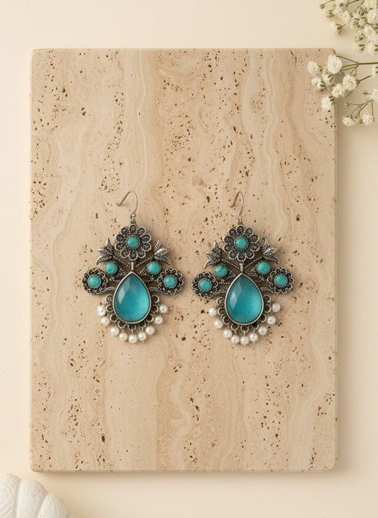 Silver Oxidized Floral Drop Earrings with Mint Stones & Pearl Cluster Detailing for Women - Office & Casual Wear 