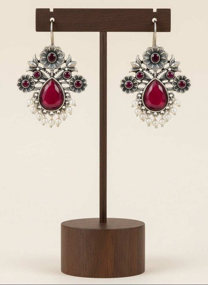 Silver Oxidized Floral Drop Earrings with Red Stones & Pearl Cluster Detailing for Women - Office & Casual Wear  