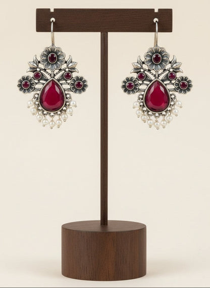 Silver Oxidized Floral Drop Earrings with Red Stones & Pearl Cluster Detailing for Women - Office & Casual Wear  
