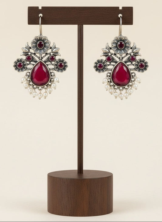 Silver Oxidized Floral Drop Earrings with Red Stones & Pearl Cluster Detailing for Women - Office & Casual Wear  