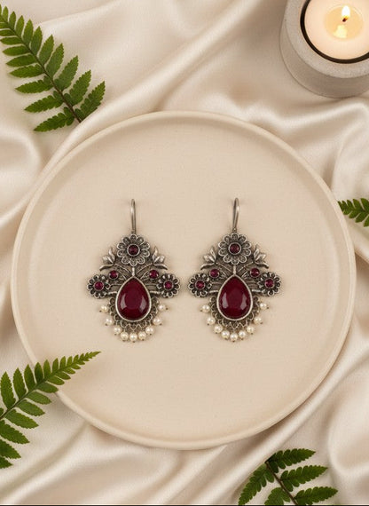Silver Oxidized Floral Drop Earrings with Red Stones & Pearl Cluster Detailing for Women - Office & Casual Wear  