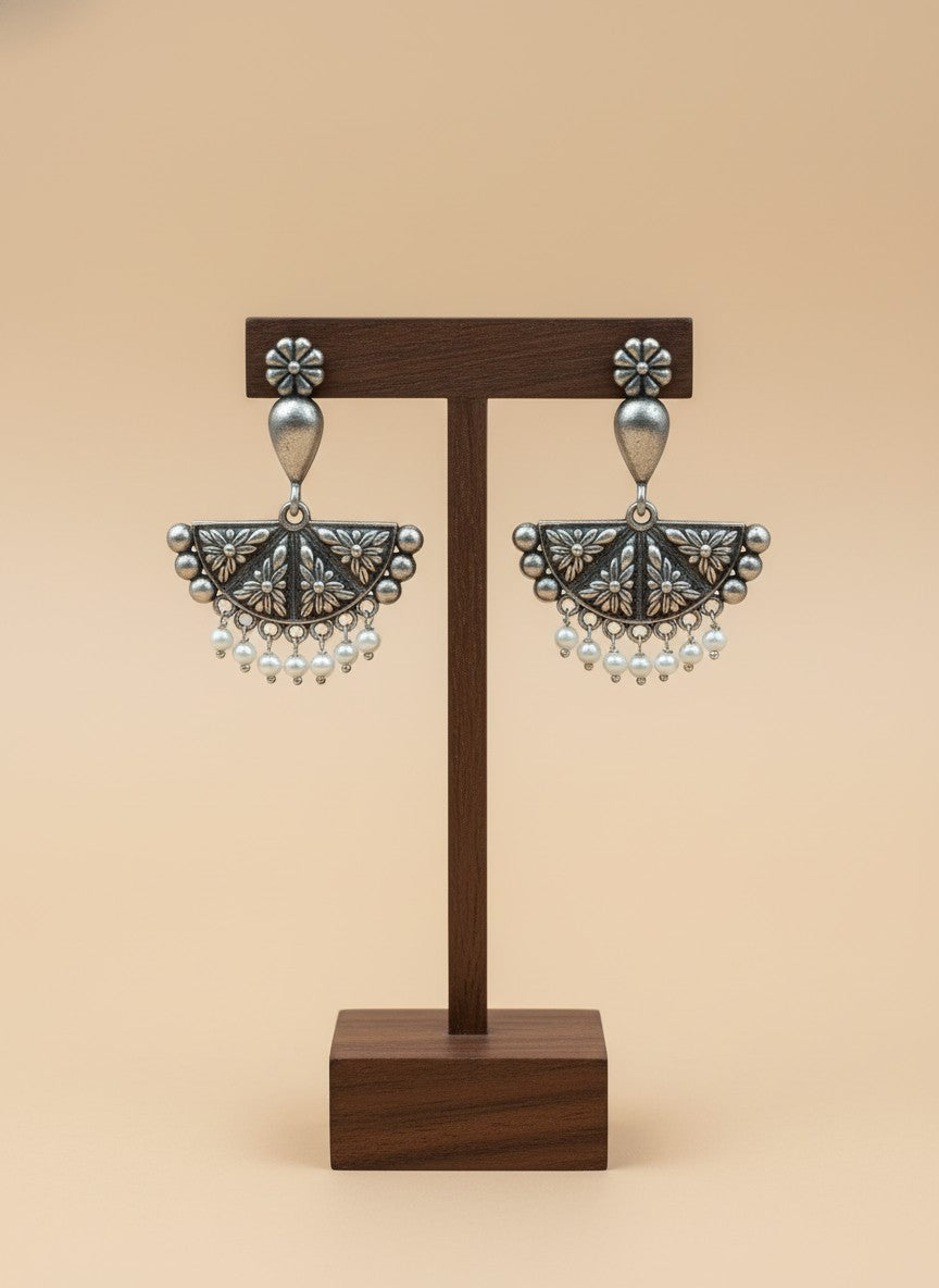Silver Oxidized Floral Fan Earrings with Pearl Drops for Women - All Occasions