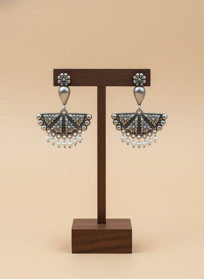 Silver Oxidized Floral Fan Earrings with Pearl Drops for Women - All Occasions
