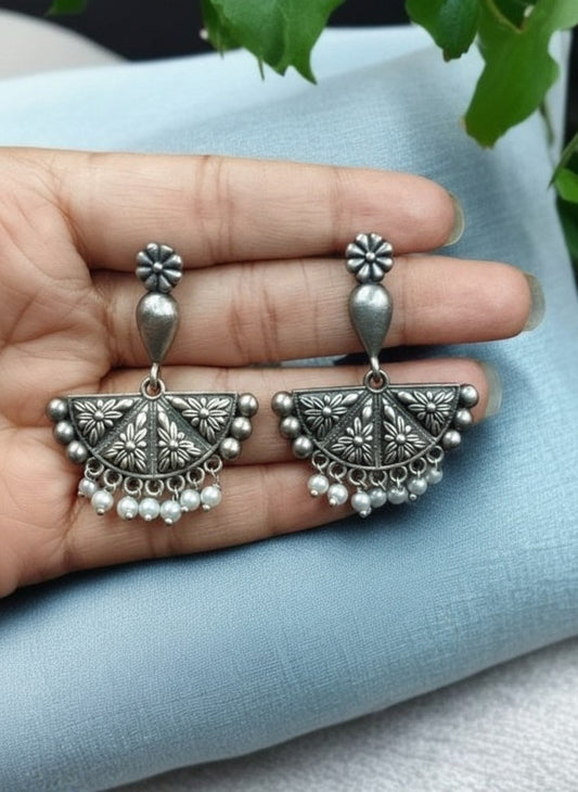 Silver Oxidized Floral Fan Earrings with Pearl Drops for Women - All Occasions