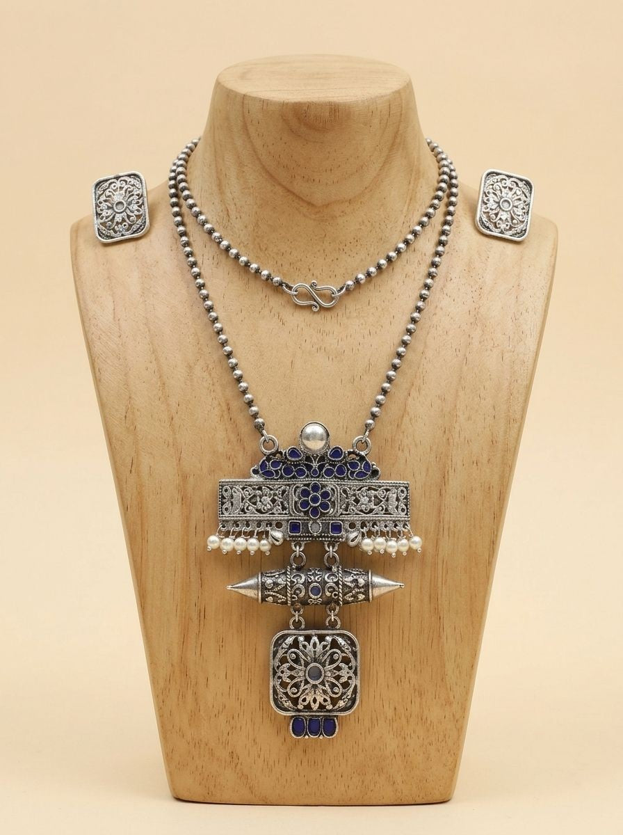 Silver Oxidized Floral Filigree Pendant Necklace Set with Blue Stones for Women - Ethnic Wear